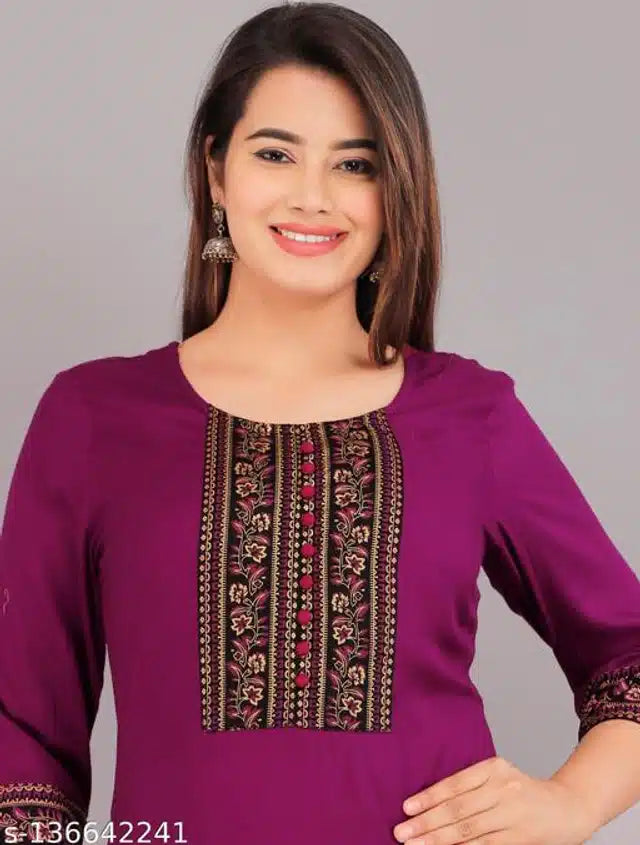 Rayon Embroidered Kurti for Women Purple